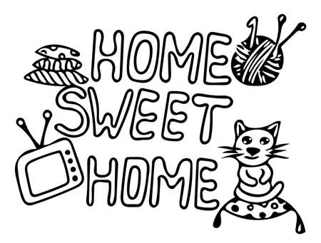 Black line Home sweet home card design with cat and other elements. Vector illustration.のイラスト素材