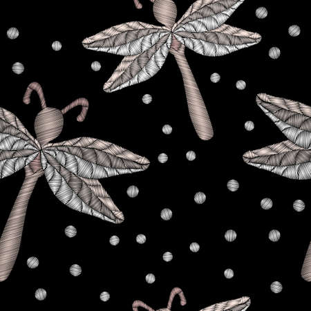 Embroidery stitches imitation dragon fly isolated on the black background. Fashion embroidery insect. Embroidery dragon fly vector.のイラスト素材