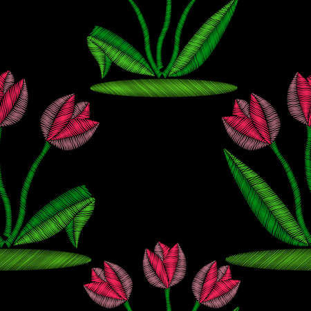Embroidery bouquet of pink tulips. Tulip embroidery stitches imitation. Flowers Embroidery on black background. Floral Pattern. Traditional Folk Decoration for Fabricのイラスト素材