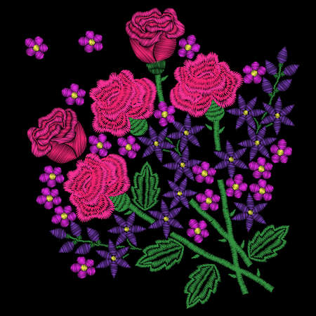 Embroidery stitches imitation pink roses. Fashion embroidery rose flower on black background. Embroidery pink roses vector.のイラスト素材