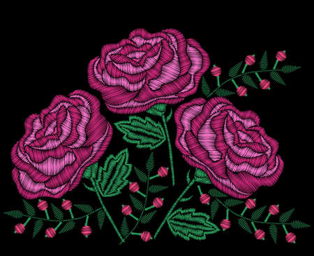 Embroidery stitches imitation pink roses. Fashion embroidery rose flower on black background. Embroidery pink roses vector.のイラスト素材