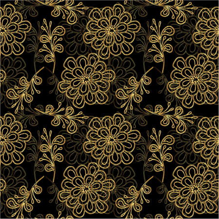 Flower gold line seamless pattern on the black background. For design the fabric, greeting card, wrapping paper.のイラスト素材