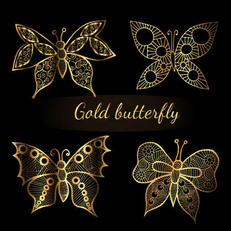 Shiny golden line  butterflies on the black background. Butterfly collection in shiny luxury golden colored. Vector illustrationのイラスト素材