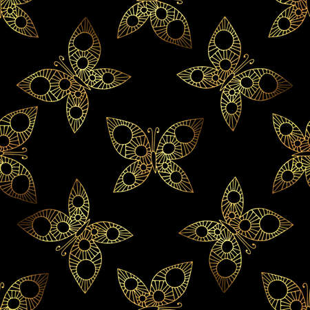 Seamless background with gold beauyiful butterfly on the black backgroundのイラスト素材
