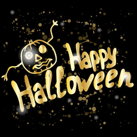 Happy halloween gold lettering with lighting pumpkin. Vector gold halloween greeting quoteのイラスト素材