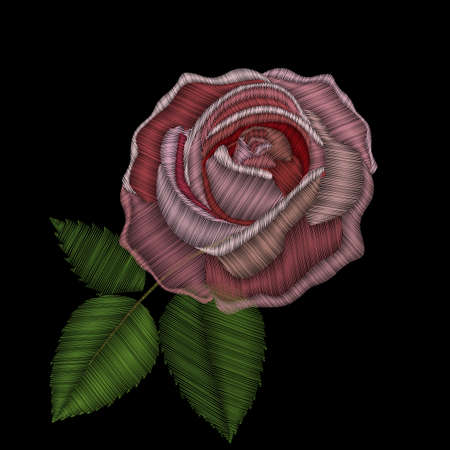 Embroidery pink rose flower with green leaf. Embroidery stitches imitation flower. Satin stitch imitation rose, vector illustration.のイラスト素材