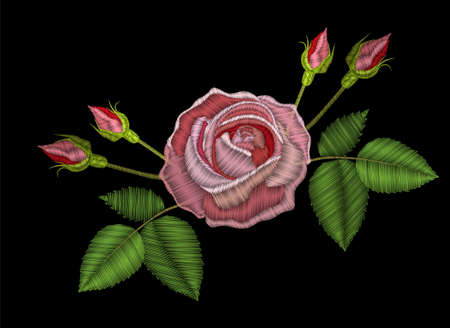 Embroidery pink rose flower with bud and green leaf. Embroidery stitches imitation flower. Satin stitch imitation rose, vector illustration.のイラスト素材