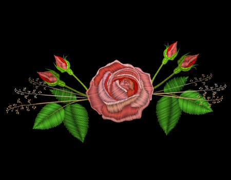 Embroidery pink rose flower with bud and green leaf. Embroidery stitches imitation flower. Satin stitch imitation rose, vector illustration.のイラスト素材