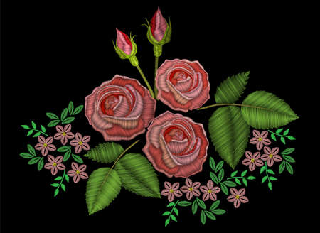 Embroidery pink rose flower with bud and green leaf. Embroidery stitches imitation flower. Satin stitch imitation rose, vector illustration.のイラスト素材