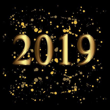 Golden 2019 numbers on the glittering confetti and dots on black. Vector festive illustration....