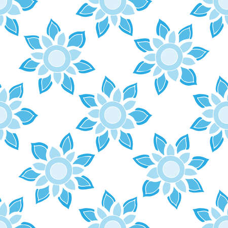 Simple seamless pattern with light blue floral ornament. Blue flower seamless background on the white backdrop.のイラスト素材