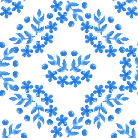 Seamless blue floral watercolor pattern on white background. Blue flower and leaf watercolor...