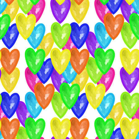 Watercolor seamless pattern with multicolor heart on white background. Love watercolor seamless background with heart.のイラスト素材
