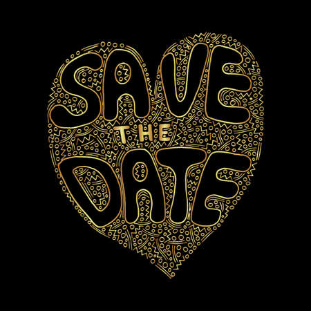 Vector golden Save the date words hand written custom calligraphy isolated on black. Elegant ornate gold lettering.のイラスト素材