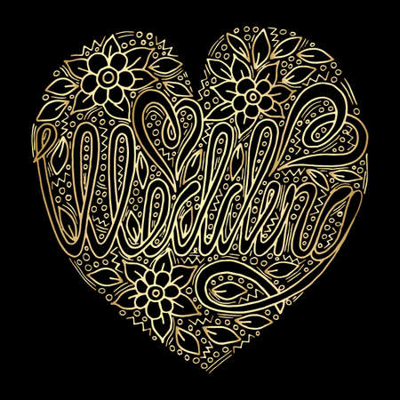 Vector golden Wedding words hand written custom calligraphy isolated on black. Elegant ornate gold lettering.のイラスト素材