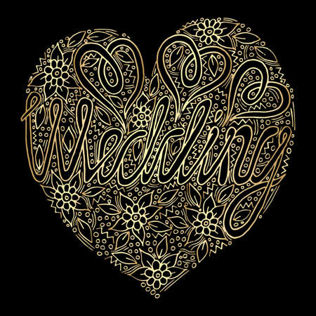 Vector golden Wedding words hand written custom calligraphy isolated on black. Elegant ornate gold lettering.のイラスト素材