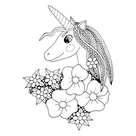 Black line Unicorn for coloring book or page. Cute Unicorn.のイラスト素材