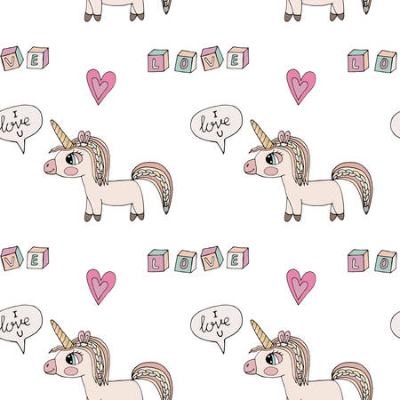 Seamless pattern with little Unicorn with heart isolated on white. Cute cartoon Unicorn.のイラスト素材