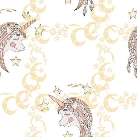Seamless pattern with sleep Unicorn with long hair with moon and star. Endless pattern with cute cartoon Unicorn.のイラスト素材