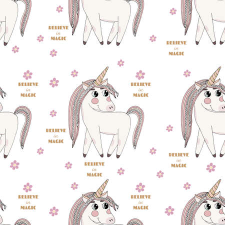 Seamless pattern with Unicorn with long hair with flower. Endless pattern with cute cartoon Unicorn.のイラスト素材