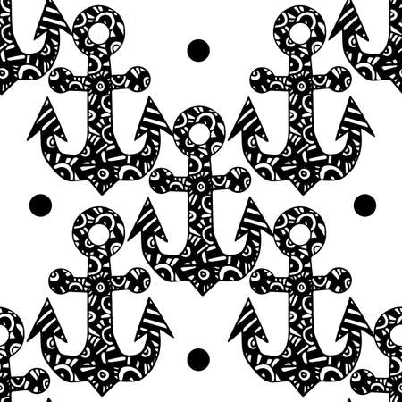 Seamless pattern with anchor in black line style on the white background.  Black and white anchor seamless. Vector illustrationのイラスト素材