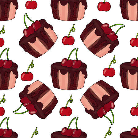 Seamless pattern with cake with cherry isolated. Sweet cupcake with cream and berries.