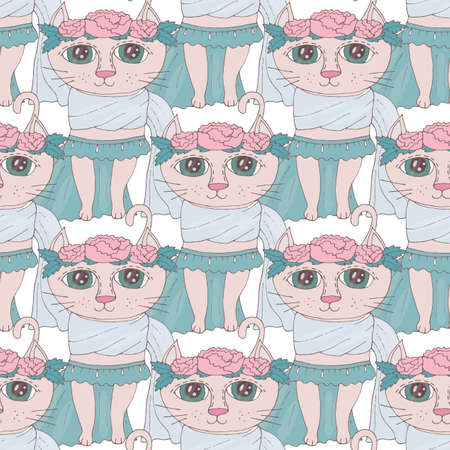 Seamless pattern with sweet cartoon cats with flower on the head. Animal background with cat.のイラスト素材