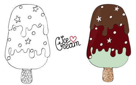 Vector Ice cream for coloring book for adult and kids. Black line Ice cream coloring page.のイラスト素材