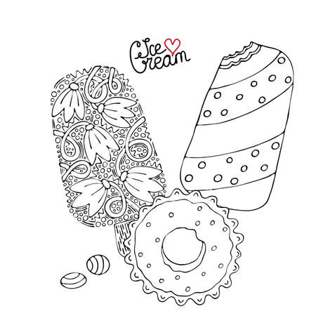 Coloring page with cake, cupcake, candy and other dessert. Sweet dessert coloring book. Vector isolated dessert.のイラスト素材