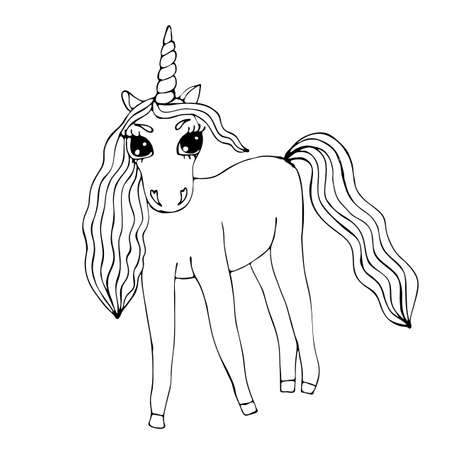 Black line Unicorn for coloring book or page. Cute Unicorn. Nursery coloring unicorn.のイラスト素材