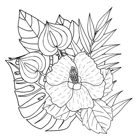Vector Hibiscus flower line art on white. Hibiscus flower isolated.のイラスト素材