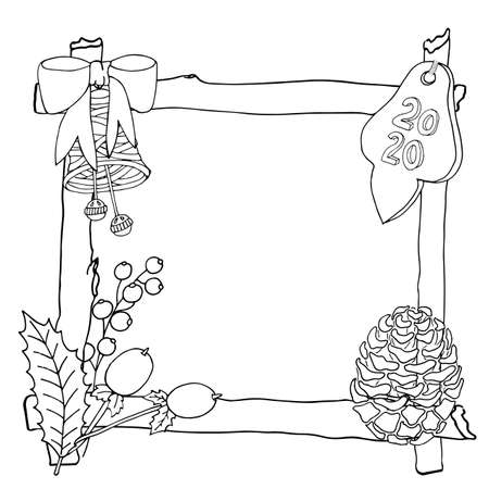 Christmas 2020 frame or wreath  coloring book or page. Vector New Year 2020 artwork. Floral, ornate, decorative, tribal, decor, Christmas. Holiday concept. Christmas coloring book pageのイラスト素材