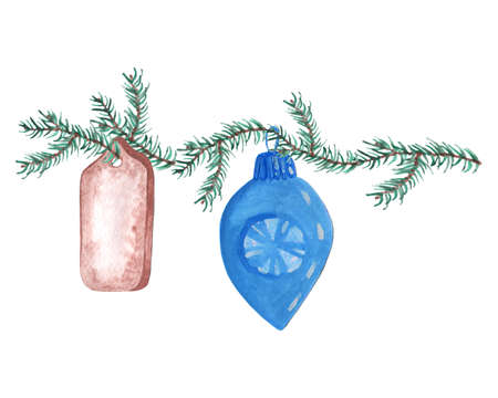 Watercolor pine branches and Christmas ball with place for text isolated on white background. Christmas watercolor templateの写真素材