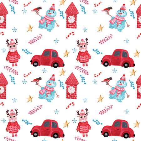 Watercolor seamless pattern with Christmas elements. Watercolor seamless background.