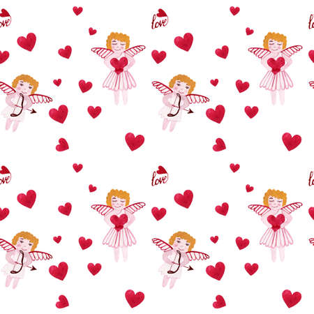 Watercolor seamless background with hearts, Cupid and Love text. Valentines day watercolor seamless.の写真素材