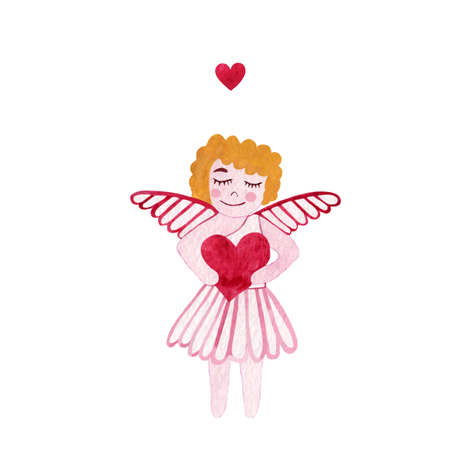 Watercolor card with Cupid and hearts isolated on white background. Happy Valentine's day. Hand drawn illustration for Mother's Day or Women's Day, greeting cards, invitationsの写真素材