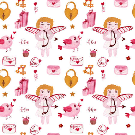 Watercolor seamless background for Valentine's day with letter,gift, key, lock, flowers, heart, Cupid, arrow, cake, heart, bird. Happy Valentine's day. Hand drawn illustration for greeting cards, invitationsの写真素材