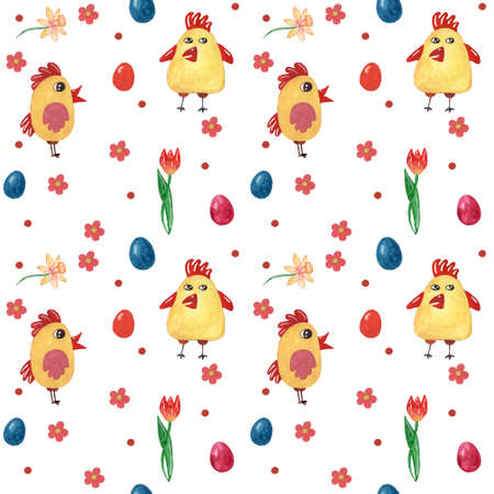 Watercolor seamless background with Easter chicken, egg, dots, flower. Easter day watercolor seamless.の写真素材