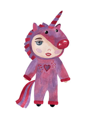 Watercolor baby in a horse unicorn costume. Cute Unicorn child party. Symbol of chinese new year.  Costume watercolorの写真素材