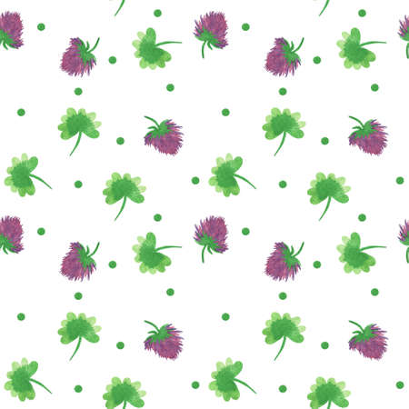 Watercolor Clover flower and clover leaf seamless pattern isolated on the white background.の写真素材