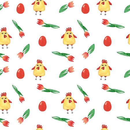 Watercolor seamless pattern with chicken, hen end egg with a tulip isolated on the white background. Seamless watercolor.の写真素材