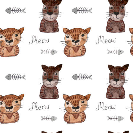 Watercolor seamless background with cat and flower. Animal watercolor seamless.の写真素材