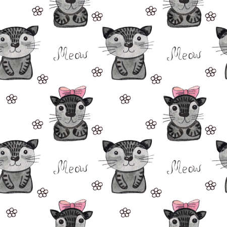 Watercolor seamless background with cat and flower. Animal watercolor seamless.の写真素材