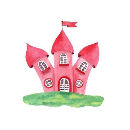 Watercolor castle with flag isolated on white background. Royal house watercolor.の写真素材