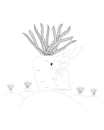 Little rabbit with big carrot coloring page. Bunny girl with carrot isolated on the white background.のイラスト素材