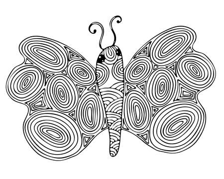 Abstract isolated black line butterfly  for tattoo, coloring book for adult and kids on the white background.のイラスト素材