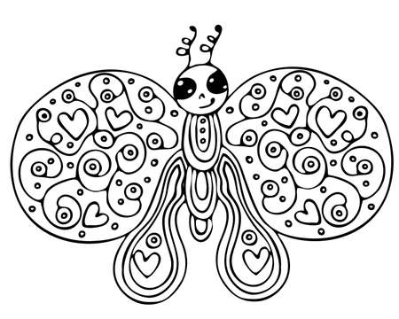 Abstract isolated black line butterfly  for tattoo, coloring book for adult and kids on the white background.のイラスト素材