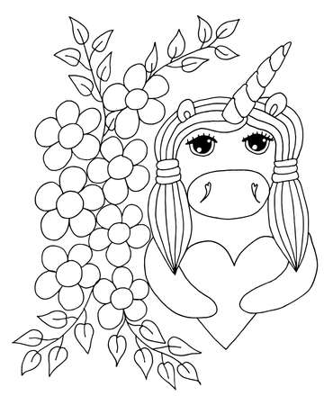 Cute cartoon Unicorn for coloring book or page. Isolated line unicorn. Unicor coloring sheet.のイラスト素材