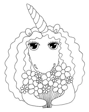 Cute cartoon Unicorn for coloring book or page. Isolated line unicorn. Unicor coloring sheet.のイラスト素材