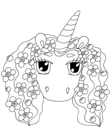Cute cartoon Unicorn for coloring book or page. Isolated line unicorn. Unicor coloring sheet.のイラスト素材
